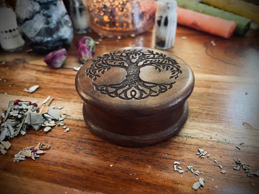 Tree of Life Carved Wooden Herb Grinder 3" Round