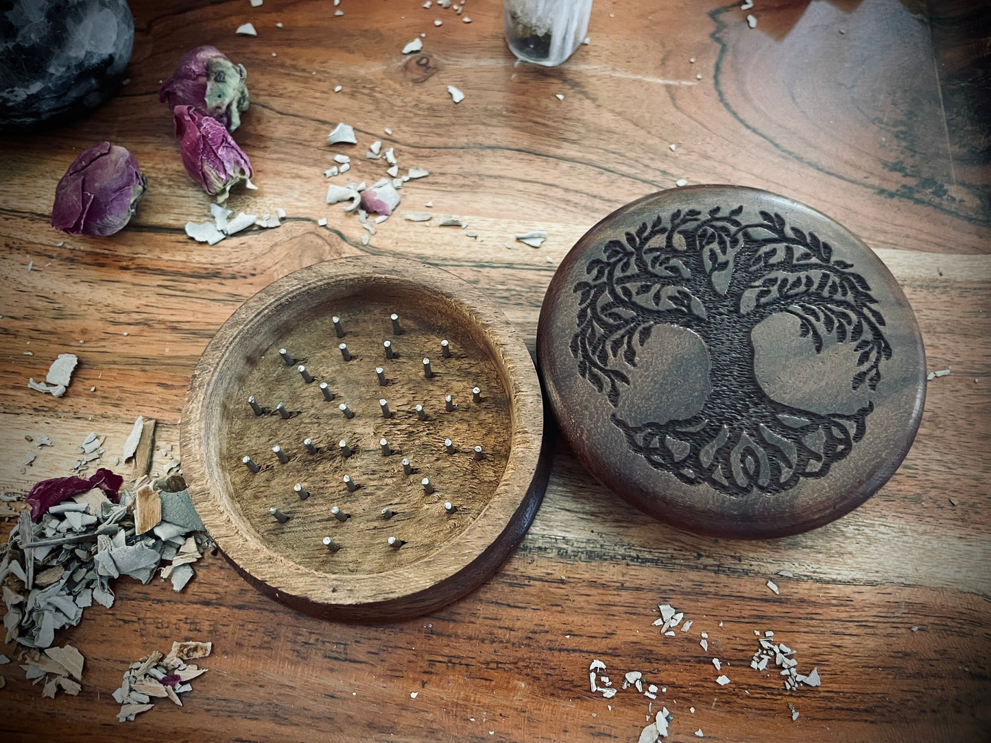 Tree of Life Carved Wooden Herb Grinder 3" Round