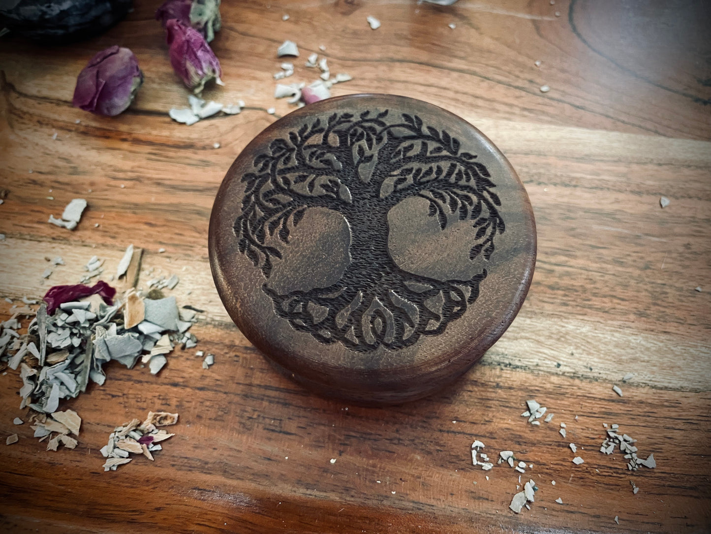 Tree of Life Carved Wooden Herb Grinder 3" Round