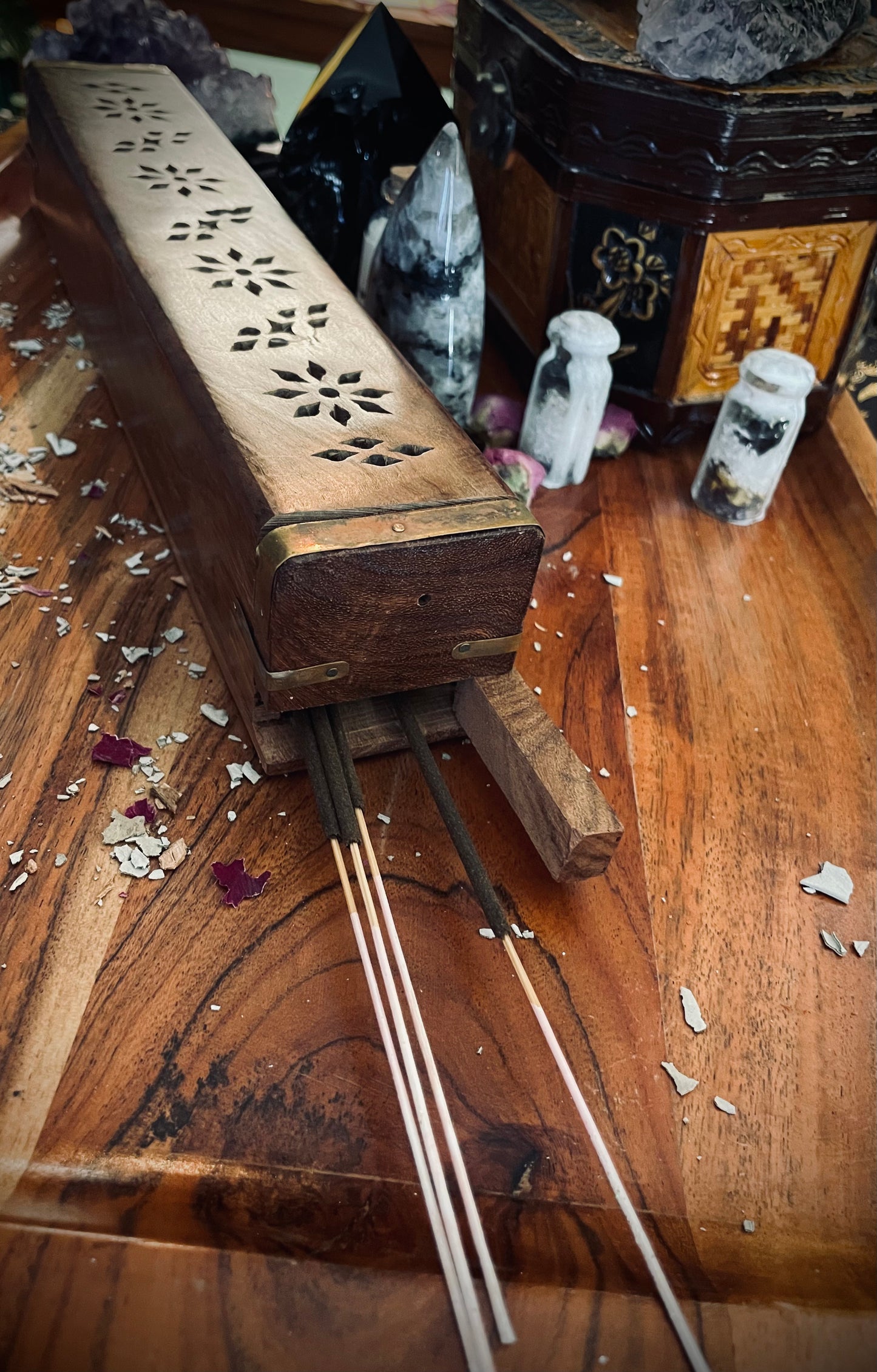 Carved Wood Incense Box Burner 12"L